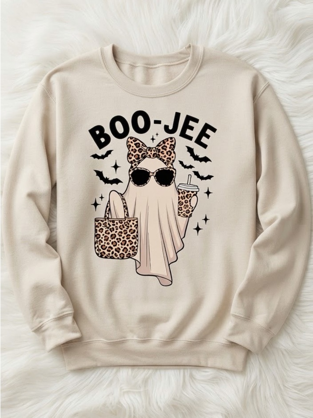 Beige Boo-Jee Graphic Sweatshirt with Leopard Accents